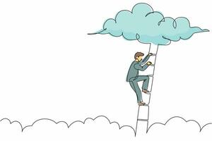 Single continuous line drawing businessman climbing up ladder to cloud. Successful manager rising business development. Professional growth promotion. One line draw graphic design vector illustration