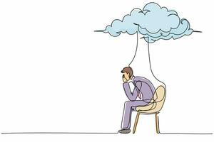 Continuous one line drawing worried businessman sitting on chair under rain cloud. Concept of business failure, collapse economy, economic crisis. Single line draw design vector graphic illustration