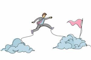 Continuous one line drawing active businessman jump or leap over clouds to reach his success target or flag. Challenge his career path. Taking risk. Single line draw design vector graphic illustration