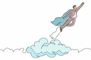 Continuous one line drawing super hero businessman flying up cloud. Super worker in robe cloak takes off. Power, uniqueness, start-up business idea. Single line draw design vector graphic illustration