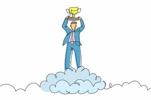 Single one line drawing businessman holding trophy in cloud. Manager celebrates his victory in sky. Business success goal achievement. Winning award. Continuous line graphic design vector illustration