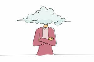 empresaria de cabeza de nube de dibujo de línea continua única. mujer con cabeza vacía y nube en su lugar. distraído, soñando despierto, ausente. metáfora empresarial. ilustración de vector de diseño gráfico de dibujo de una línea