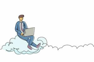 hombre de negocios de dibujo de una sola línea continua sentado en la nube en el cielo y trabajando con una computadora portátil. conexión inalámbrica. redes sociales usando almacenamiento en la nube. ilustración de vector de diseño gráfico de dibujo de una línea