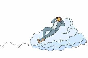 Continuous one line drawing happy successful businesswoman relaxing laying on clouds. Resting relaxation manager enjoy break time after office hour. Single line draw design vector graphic illustration