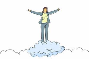 Continuous one line drawing happy businesswoman on top of cloud with raised hands. Successful business project. Financial freedom, happiness, peaceful. Single line design vector graphic illustration