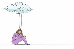 Single one line drawing unhappy depressed businesswoman feeling sad, depression sitting under rain cloud. Sad worker in stress with problem. Continuous line draw design graphic vector illustration