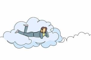 Continuous one line drawing dreamer businesswoman lay on the clouds and dreaming or thinking about new business project. Female resting after work. Single line draw design vector graphic illustration