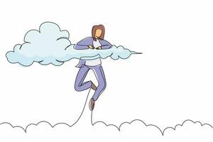 dibujo de una sola línea continua mujer de negocios feliz cuelga en las nubes. buscando éxito en la oficina, libertad financiera, proyecto empresarial ganador. ilustración de vector de diseño gráfico de dibujo de una línea