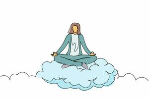 Single one line drawing relaxed businesswoman meditates in lotus position on clouds. Restful female manager relaxing with yoga and meditation pose. Continuous line design graphic vector illustration