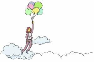 Single one line drawing happy businesswoman floating with flying balloon through cloud. Manager reaches goal, achieve target, finds solution. Continuous line draw design graphic vector illustration