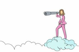Single one line drawing visionary businesswoman on top cloud holding binocular to search for business idea. Leadership vision to see company strategy. Continuous line draw design vector illustration