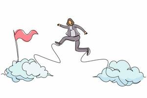 Continuous one line drawing brave businesswoman jump and leap over clouds to reach success target flag. Challenge of her career. Business metaphor. Single line draw design vector graphic illustration