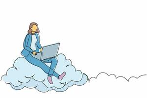 Single continuous line drawing businesswoman sitting on cloud in sky. Working with laptop. Wireless connection. Social networking using cloud storage. One line draw graphic design vector illustration