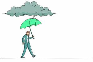 Continuous one line drawing protective businesswoman walking with umbrella stand under rain cloud. Depression, passerby at rainy weather. Drenched woman. Single line design vector graphic illustration