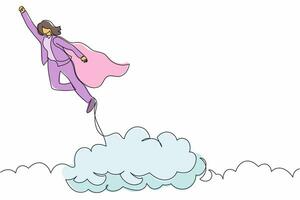 Single continuous line drawing strong businesswoman superhero flying up to success. Super worker in cloak takes off. Power uniqueness business project. One line draw graphic design vector illustration