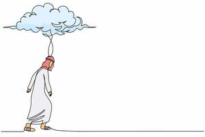 dibujo de una sola línea empresario árabe deprimido caminando bajo la nube de lluvia. infeliz perdedor triste depresión masculina. soledad en tiempo nublado. ilustración de vector gráfico de diseño de dibujo de línea continua