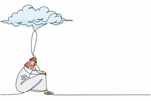 Continuous one line drawing depressed Arabian businessman feeling stress and sad. Sitting under rain cloud. Unhappy worker with business problem. Single line draw design vector graphic illustration