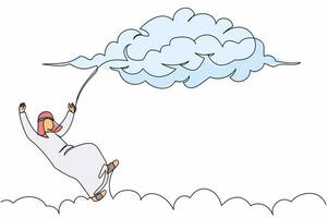 Single continuous line drawing Arab businessman falling from cloud sky. Financial crisis tragedy. Loses business and job. Employee dismissal at work. One line draw graphic design vector illustration