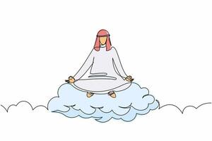 Continuous one line drawing Arabian businessman meditates and resting in lotus position on clouds. Relaxing Arab man with yoga or meditation pose. Single line draw design vector graphic illustration