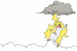 Single continuous line drawing unlucky Arabian businessman struck by lightning or thunder from dark cloud. Bad luck, misery, disaster, risk, danger. One line draw graphic design vector illustration