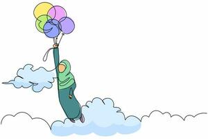 una sola línea continua dibujando a una mujer de negocios árabe flotando con un globo volador a través de la nube. el trabajador de oficina alcanza el objetivo, logra el objetivo, la solución. ilustración de vector de diseño gráfico de dibujo de una línea