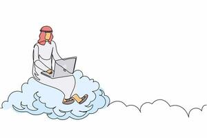 Continuous one line drawing Arab businessman sitting on cloud in sky and working with laptop. Wireless internet connection. Social networking media. Single line draw design vector graphic illustration