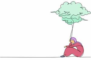 Single one line drawing unhappy Arabian businesswoman feeling sad, depression sitting under rain cloud. Depressed worker in stress with problem. Continuous line draw design graphic vector illustration