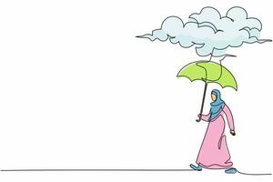 Continuous one line drawing sadness Arabian businesswoman walking with umbrella stand under rain cloud. Depression, cry, passerby at rainy weather. Single line draw design vector graphic illustration