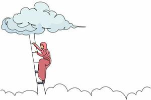 Single one line drawing Arabian businesswoman climbing up ladder to cloud. Professional career growth promotion. Business development program. Continuous line draw design graphic vector illustration