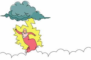 Single continuous line drawing Arab businesswoman struck by lightning or thunder from cloud. Feel bad luck in office. Misery, disaster, risk, danger. One line draw graphic design vector illustration