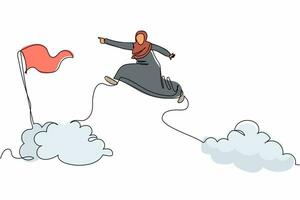 Single continuous line drawing attractive Arabian businesswoman jump and leap over clouds to reach success business target flag. Challenge career path. One line draw graphic design vector illustration