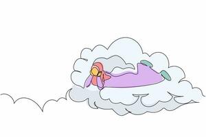 Continuous one line drawing Arabian businesswoman lay on the clouds, dreaming or thinking about new business improvement. Female resting after work. Single line draw design vector graphic illustration