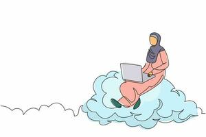 Continuous one line drawing Arabian businesswoman sitting on cloud with laptop computer. Wireless connection. Social networking using cloud storage. Single line draw design vector graphic illustration