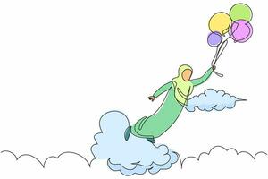 Continuous one line drawing cheerful Arabian businesswoman flying with balloon air in the sky. Happy office worker achieve financial independence. Single line draw design vector graphic illustration