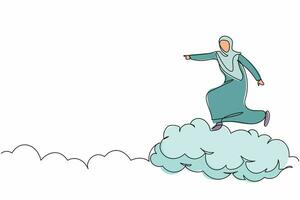 Single continuous line drawing successful Arab businesswoman on cloud and pointing forward. Arabian female manager go to future, way to success path. One line draw graphic design vector illustration