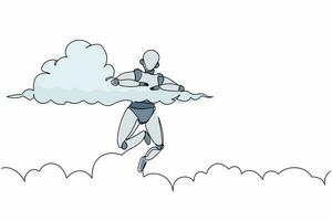 Continuous one line drawing robot hang in clouds. Hoping for success, winning business project. Humanoid robot cybernetic organism. Future robotic development. Single line design vector illustration