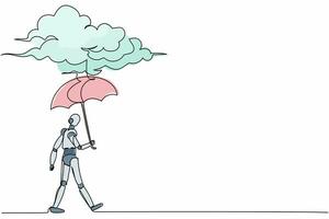 Continuous one line drawing robot walking with umbrella under rain cloud. Failed in business. Humanoid robot cybernetic organism. Robotic development. Single line design vector graphic illustration