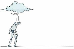 Single one line drawing robot walking under rain cloud. Loneliness in overcast weather. Future technology development. Artificial intelligence. Continuous line draw design graphic vector illustration