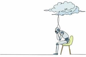 Continuous one line drawing sad robot sitting on chair under rain cloud. Worried about economic crisis. Humanoid robot cybernetic organism. Future robotic. Single line draw design vector illustration