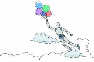 Single one line drawing robot flying with balloon air. Achieve financial independence. Future technology development. Machine learning processes. Continuous line design graphic vector illustration