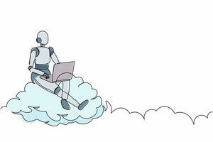 robot de dibujo continuo de una línea sentado en la nube en el cielo y trabajando con una computadora portátil. conexión inalámbrica a Internet. organismo cibernético robot humanoide. ilustración gráfica de vector de diseño de dibujo de una sola línea