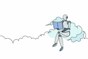 Single one line drawing robot sitting on cloud reading book. Study literature. Future technology development. Artificial intelligence machine learning. Continuous line draw design vector illustration