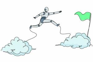 Continuous one line drawing robot jump over clouds to reach success, target, flag. Taking risk business project. Robot cybernetic organism. Future robotic. Single line draw design vector illustration