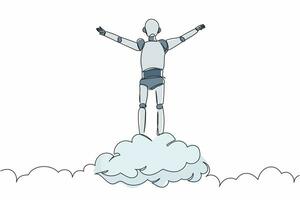 Single one line drawing robot on top of cloud with raised hand. Future technology development. Artificial intelligence and machine learning processes. Continuous line draw design vector illustration