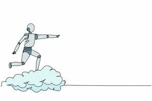 Single continuous line drawing robot riding cloud on the sky, pointing forward, go to future innovation. Robotic artificial intelligence. Electronic technology industry. One line graphic design vector