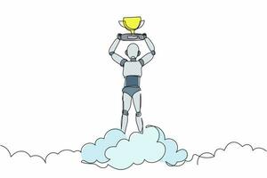 Single one line drawing robot holding trophy in cloud. Celebrates victory in sky. Future technology development. Artificial intelligence machine learning. Continuous line design vector illustration