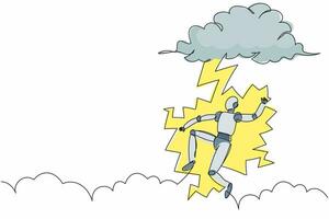 Single continuous line drawing robot struck by lightning from dark cloud. Bad luck, misery, disaster. Robotic artificial intelligence. Technology industry. One line graphic design vector illustration