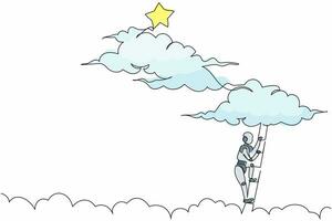 Single continuous line drawing robot climbing ladder to reach out for stars. Motivation to be success. Robotic artificial intelligence. Electronic technology. One line draw design vector illustration