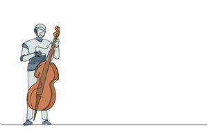 Continuous one line drawing robot musician playing double bass or contrabassist with finger. Humanoid robot cybernetic organism. Future robotic development. Single line draw design vector illustration