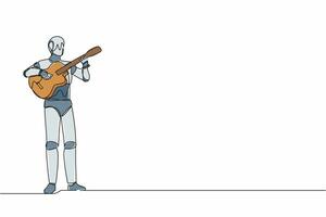 Single continuous line drawing robot playing acoustic guitar at musical performance. Modern robotic artificial intelligence. Electronic technology industry. One line draw design vector illustration